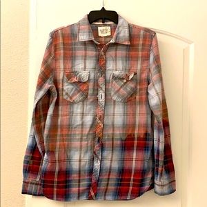 Upcycled and bleach dyed plaid shirt